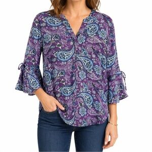 41 Hawthorn Petite S Purple Paisley Blouse Bell Sleeve Boho Career